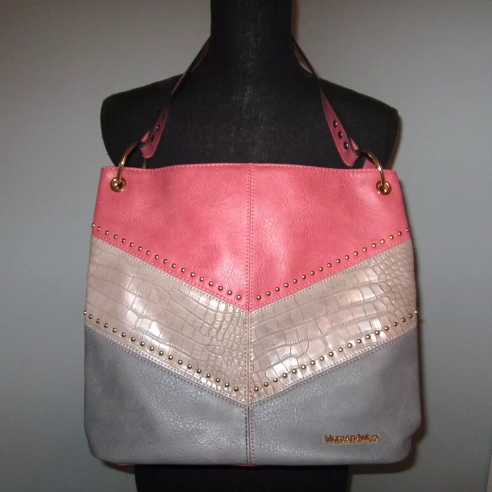 Montana West Pink, Gray & Tan Shoulder Bag w/Gold Tone Hardware 13x11.5 in EUC